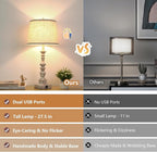 Set of 2 Farmhouse Table Lamps, 27.5'' Tall Rustic Bedside Lamps with 2 USB Ports, Beige Fabric Shade Nightstand Lamp, White Resin Desk Lamp with Rotary Switch for Living Room, Bedroom, Office