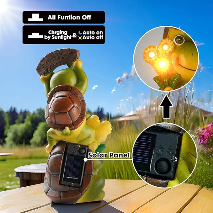 Garden Turtle Outdoor Statues, Solar Garden Statue Two Sweet Frog Face Turtles Decor with 3 LED Lights, Unique Art Resin Gifts for Patio Lawn Porch Yard