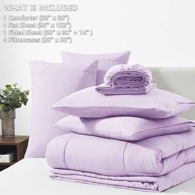 CozyLux Queen Comforter Set Lavender, 7 Pieces Bed in a Bag, Light Purple Comforter Queen Size, All Season Bedding Sets with Stitch Quilted Comforter, Flat Sheet, Fitted Sheet, Pillowcases