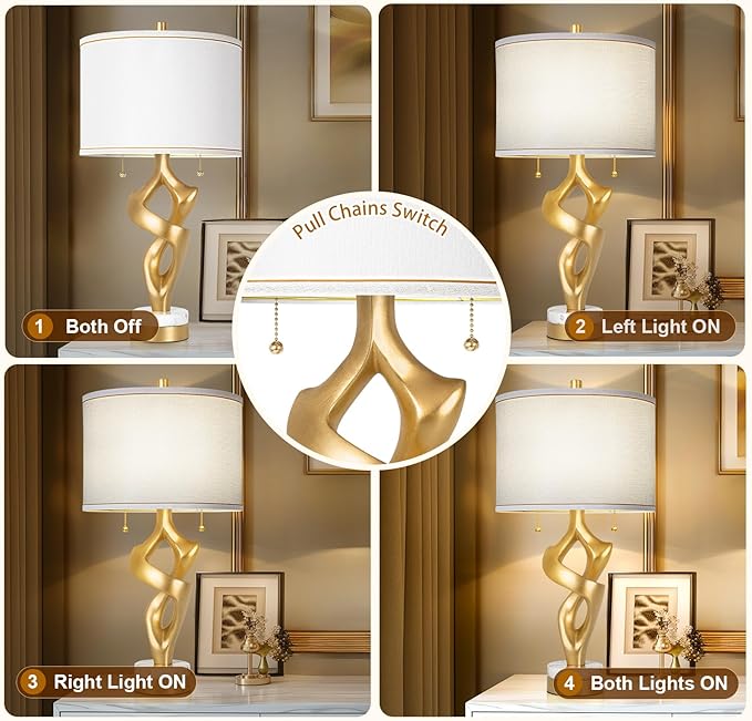 Scenekoy Sculptural Table lamp Set of 2 for Living Room with Marble Base & USB Ports, Gold Leaf Finish Rustic Bedside Lamps with S Cluster Pull Chains Switch, Nightstand Lamp for Office Hotel Bar