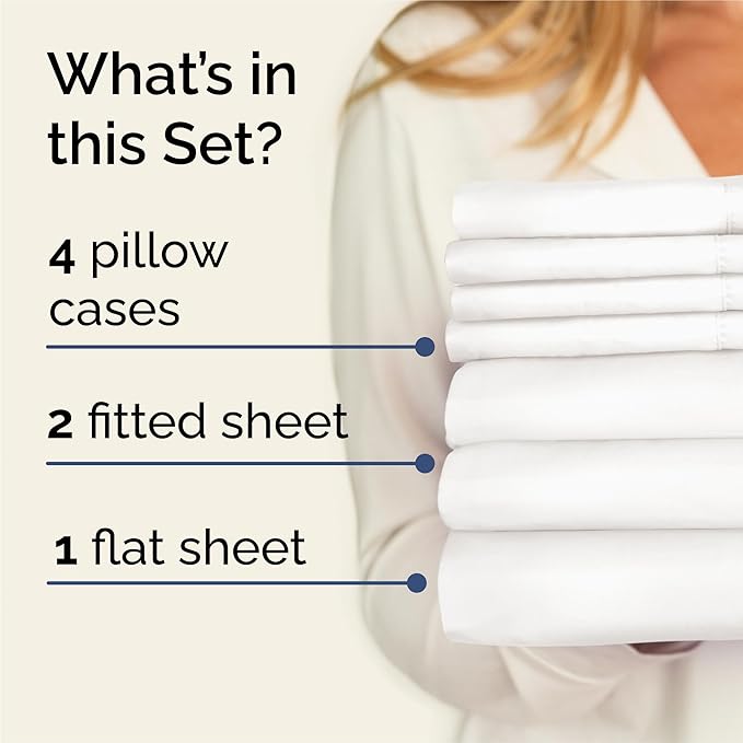 Split King Sheets Set 7 Piece - Includes 4 Pillowcases - Bed Sheets Split King - Soft Hotel Luxury Bedding - Cooling and Breathable - 1 Flat & 2 Fitted & 4 Pillowcases w/ Deep Pockets - Antique White