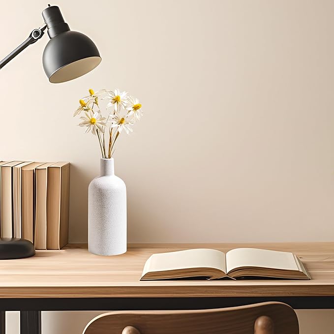 Vintage White Ceramic Vase 7 Inch Farmhouse Small Vase for Home Decor, Living Room, Shelf, Office, Rustic Table Centerpiece