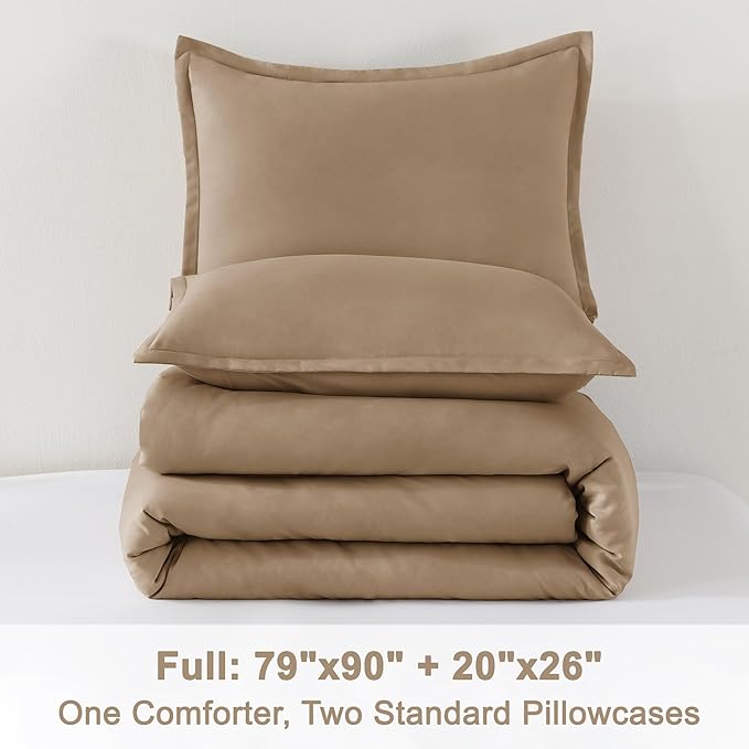 Litanika Taupe Comforter Set Full Size, 3 Pieces Solid Bedding Comforter Set, All Season Fluffy Bed Set (79x90In Comforter & 2 Pillowcases)
