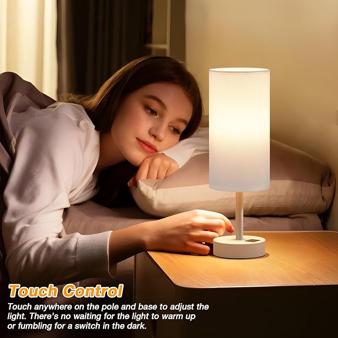 White Touch Bedside Lamp for Bedroom - 3 Way Dimmable Table Lamp with USB, Nightstand Lamp with White Charging Station for Desk Dorm, Girl Kids Room, Small