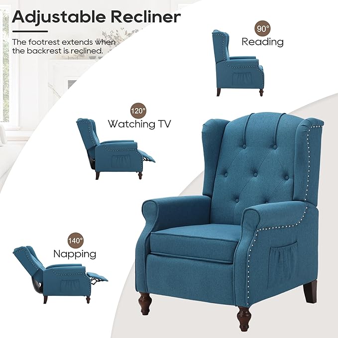 Wingback Recliner Chair with Massage and Heat, Tufted Fabric Push Back Recliner Chair for Living Room, Vintage Wingback Chair with Remote Control, Padded Cushion, Backrest, Wooden Legs