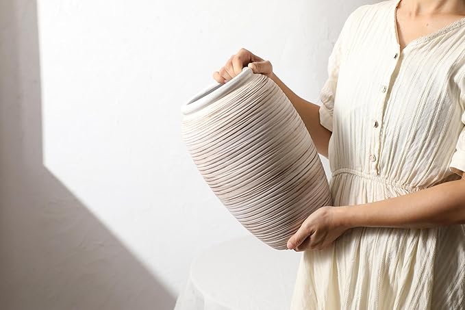 ALMA Wide Mouth Large Ceramic Vase, 12'' Tall White Rustic Pampas Grass Vase for Table Centerpieces, Boho Decorative Vase for Living Room, Farmhouse, Entryway, Mantel, Bookshelf, Home Decor