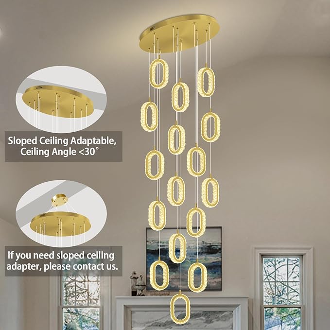 Large Crystal Chandeliers for Stairs Long Spiral Chandelier for High Ceilings LED Crystal Ring Chandelier Dimmable 2700K-6000K 16-Light Gold