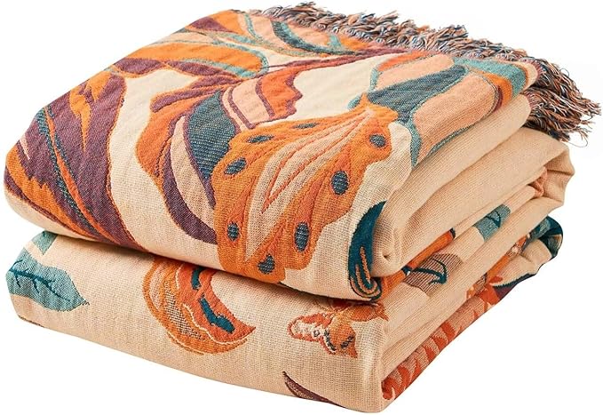 Boho Throw Blanket for Bed, 100% Cotton Soft Rustic Quilt Fall Blanket, 80" 90" Floral Printed Farmhouse Decor Bed Blankets, All Season Rustic Reversible Bohemian Throw Quilt