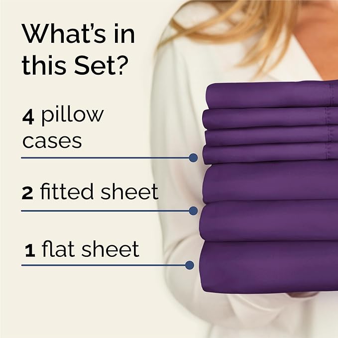 Split King Sheets Set 7 Piece - Includes 4 Pillowcases - Bed Sheets Split King - Soft Hotel Luxury Bedding - Cooling, Comfy & Breathable - 1 Flat & 2 Fitted & 4 Pillowcases w/ Deep Pockets - Purple