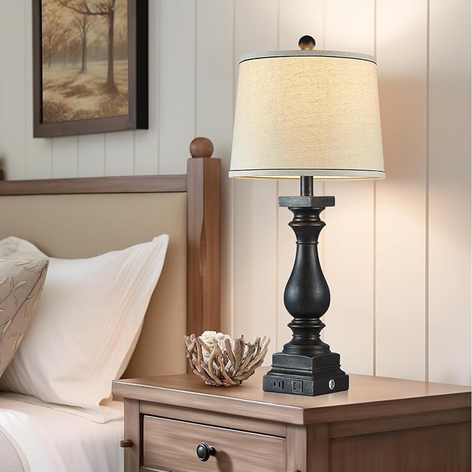 28" Tall Farmhouse Table Lamps Set of 2 with USB C+A Ports and AC Outlet, 3 Way Touch Control Rustic Bedside Lamp for Bedroom, Black Vintage Nightstand Lamp for Living Room Office