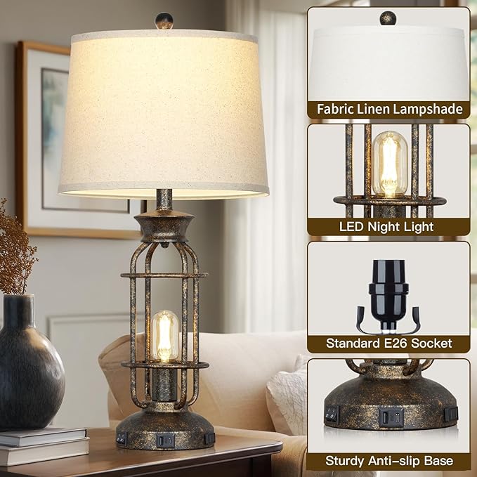 28" Vintage Table Lamps for Living Room, Industrial Farmhouse Table Lamp with USB C+A Ports & Outlet, Rustic Nightstand Bedside Lamps with 2 Night Light for Bedroom End Tables Bronze, 4 Bulbs Included