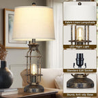 28" Vintage Table Lamps for Living Room, Industrial Farmhouse Table Lamp with USB C+A Ports & Outlet, Rustic Nightstand Bedside Lamps with 2 Night Light for Bedroom End Tables Bronze, 4 Bulbs Included