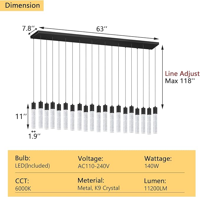 20-Lights Modern Crystal Rectangular Chandeliers LED Pendant Light for Kitchen Island High Ceiling Chandelier for Dining Room Entrance Foyer Living Room Black