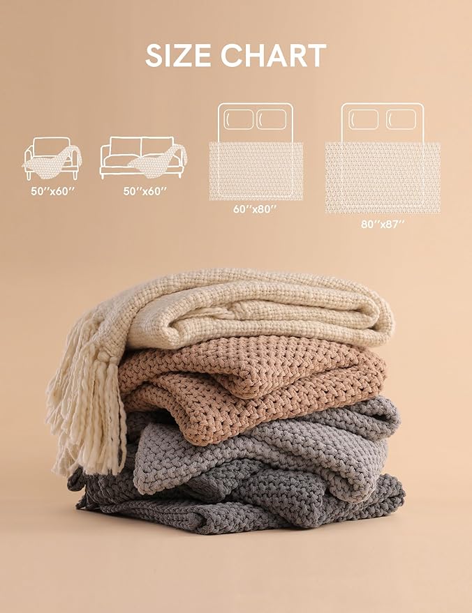 YnM Chunky Cotton Knit Throw Blanket, Cable Knit Throws for Bed Couch Sofa, Comfy & Relaxing, Decorative Piece for Farmhouse Modern Boho Rustic Scandinavian Chic Vibe, Quarry Grey 60x80 Inches