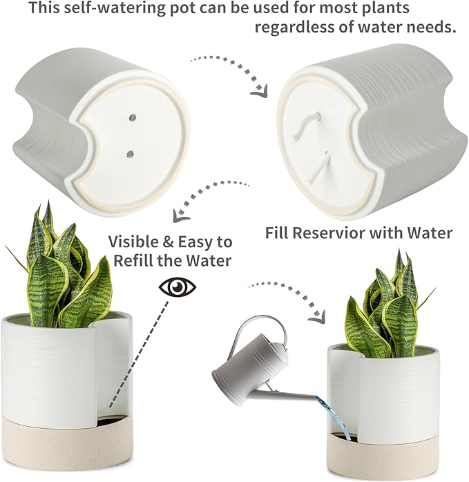 Nihow Self Watering Plant Pot: 8 Inch Ceramic Planter with Drainage Hole & Water Storage Plus for Indoor & Outdoor Plants - Cylinder Round Flower Pot for Succulent/Herbs/Violets - White & Brown
