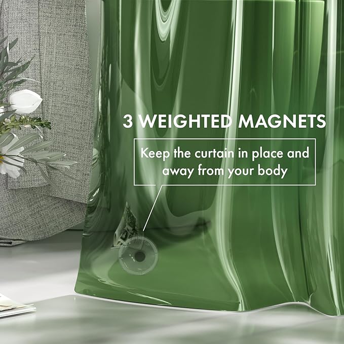 AmazerBath Shower Curtain Liner, 72x72 Transparent Pine Green Shower Liner, Lightweight Plastic Shower Curtain Liners, Waterproof Shower Liner for Bathroom with 3 Magnets and 12 Grommet Holes