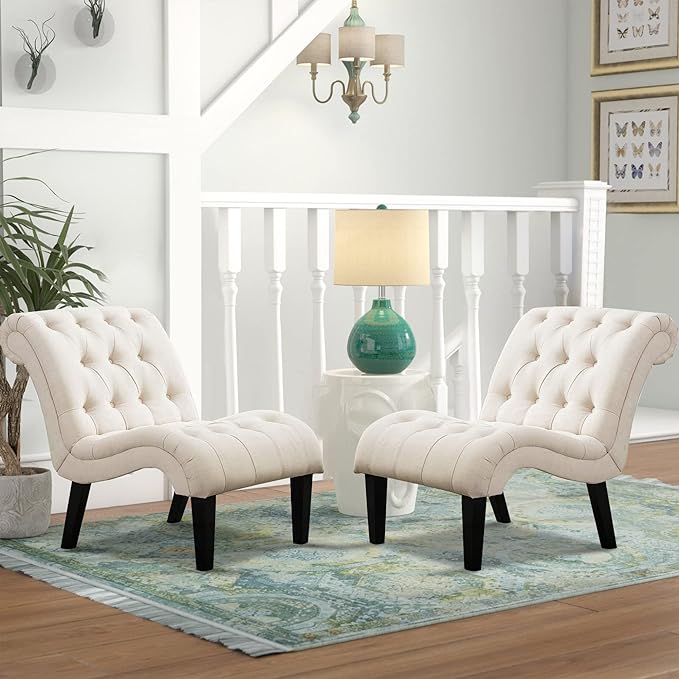 Yongqiang Accent Chairs for Living Room Set of 2 Upholstered Tufted Bedroom Chairs Curved Armless Side Chairs with Wood Legs Linen Fabric