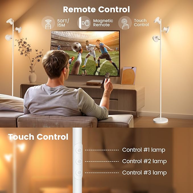36W LED Tree Floor Lamp, Modern Dimmable Standing Lamp with Remote & Touch Control, 4 Color Temperatures, 3 Rotatable LED Light Floor Lamps for Living Room, Bedroom, Office