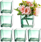 Square Green Glass Vases Set of 6, 5" x 5" x 5" Flower Vases for Centerpieces, Square Vase for Centerpieces, Small Vase for Wedding, Party, Home Office Decoration