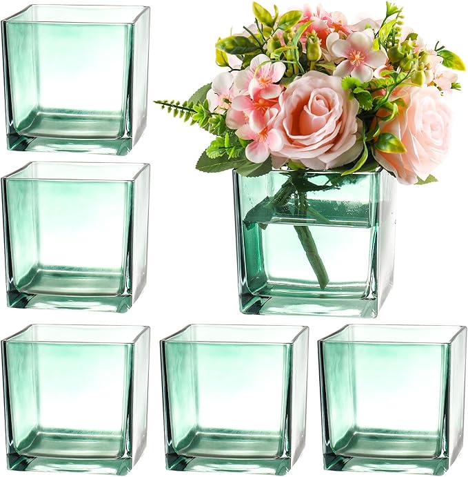 Square Green Glass Vases Set of 6, 5" x 5" x 5" Flower Vases for Centerpieces, Square Vase for Centerpieces, Small Vase for Wedding, Party, Home Office Decoration