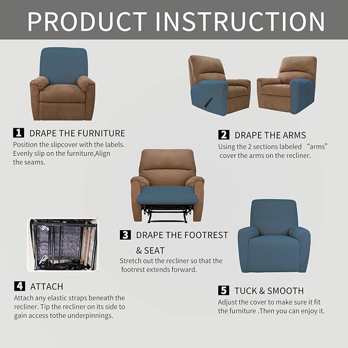 Easy-Going 4 Pieces Oversized Recliner Stretch Sofa Slipcover Sofa Cover Furniture Protector Couch Soft with Elastic Bottom Polyester Spandex Jacquard Fabric Small Checks Bluestone,X-Large