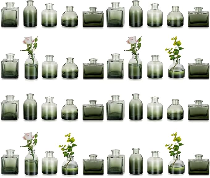 Glasseam Bud Vases in Bulk 40: Green Glass Vases for Centerpieces Cute Small Vases for Flowers Mini Decorative Tiny Centerpiece Table Decor Wedding Party Dining Room Decoration