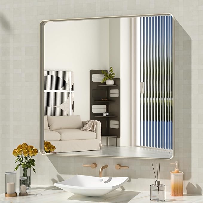 WEER 36X36 Inch Brushed Nickel Bathroom Mirror, Brushed Silver Metal Frame Mirror, Rounded Rectangle Silver Bathroom Vanity Mirror, Tempered Glass, Anti-Rust, Hangs Horizontally or Vertically