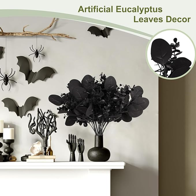 40 Pcs Artificial Black Eucalyptus Stems, Fake Eucalyptus Leaves Branches Bouquet for Flower Arrangement DIY, Black Silk Flowers for Home Halloween Farmhouse Decor