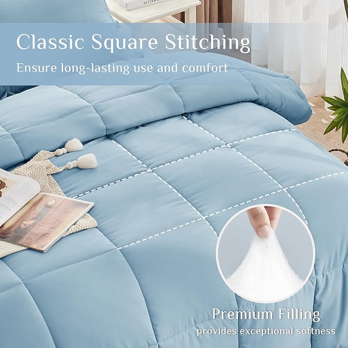 JOLLYVOGUE King Comforter Set, Ultra-Soft Bed in a Bag King Size 7 Pieces, Oeko-TEX Certified Bedding Set with Down Alternative Comforter, Sheets, Pillowcases & Shams, Lake Blue