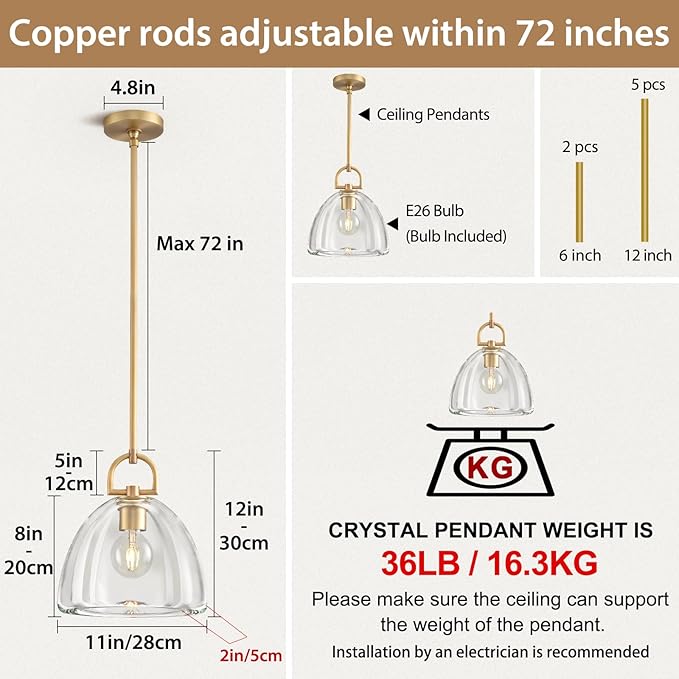 Modern Crystal Brass Pendant Light Fixture, 11" Crystals Pendant Lights Kitchen Island, Modern Island Lights for Kitchen, Farmhouse Crystal Dome Pendant Light for Hallway Dining Room Bedroom
