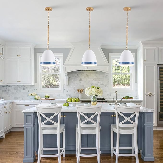 Coastal White Pendant Light Metal Dome Kitchen Island Pendant Lighting with Chain 10in Large Pendant Hanging Light Over Dining Table, Beach Ceiling Pendant Lights for Entryway Hallway