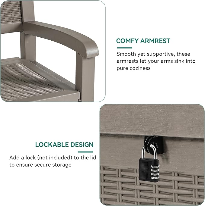 YITAHOME 70 Gallon Storage Bench Deck Box, Lockable Patio Bench, Waterproof Outdoor Pool Deck Storage for Patio Cushions, Garden Tools and Pool Supplies, Light Brown