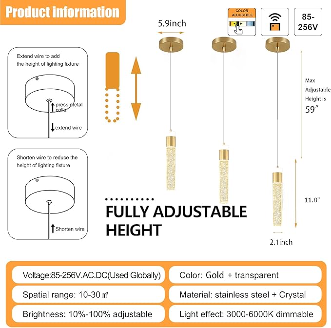 Gold Pendant Light Crystal Pendant Light Fixtures for Kitchen Island Lighting 3000k-6000k LED Modern Adjustable Chandelier Hanging Bubble Pendant Lighting (1Pack)