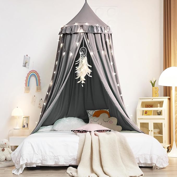 Kertnic Decor Canopy for Kids Bed, Soft Smooth Playing Tent Canopy Girls Room Decoration Princess Castle, Dreamy Mosquito Net Bedding, Children Reading Nook Canopies in Home (Gray)