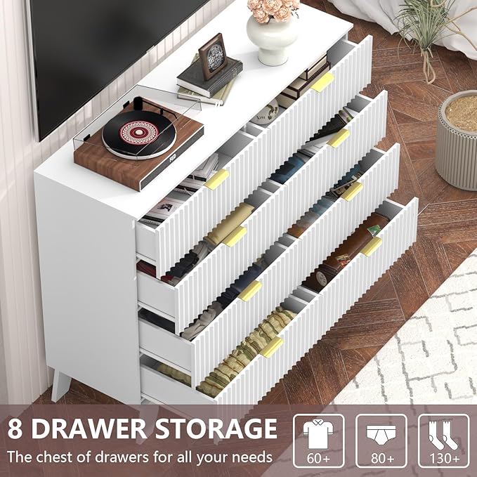 Fluted Dresser for Bedroom,8 Drawer Dresser for Closet,Storage Cabinet and Chest of Drawers with Gold Handle,TV Stand,Storage Organizer for Living Room,Hallway,Entryway,White