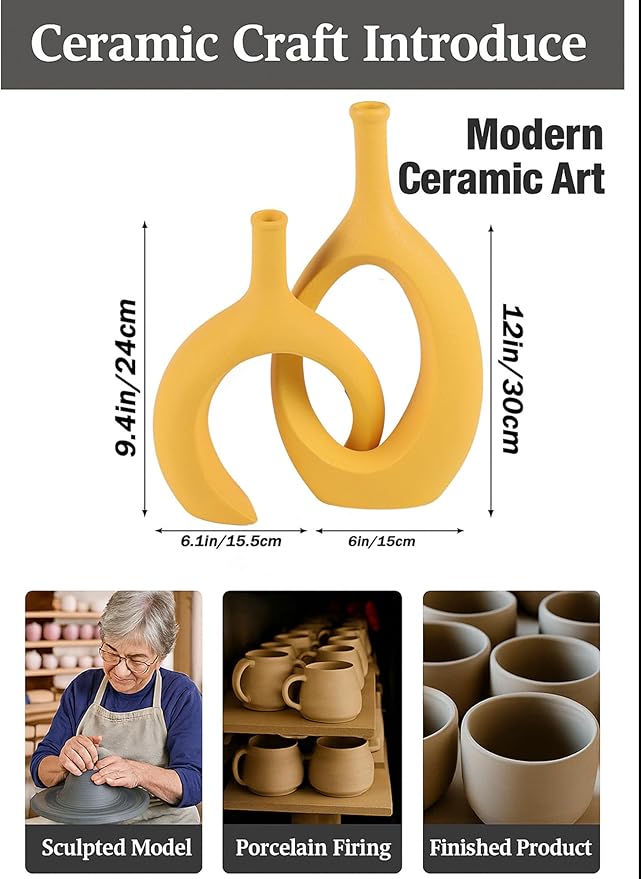 WUBIANJIE Yellow Ceramic Vase - Modern Boho Decor, Mustard Yellow, Round, Anti-Slip Base, Perfect for Living Room, Bedroom, Bathroom