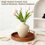 Ceramic Vase - Beige Flower Vase for Home Decor, Boho Farmhouse Minimalist Modern & Wabi Sabi Style Centerpiece with Textured Wave Pattern for for Living Room, Ideal Gift for Housewarming
