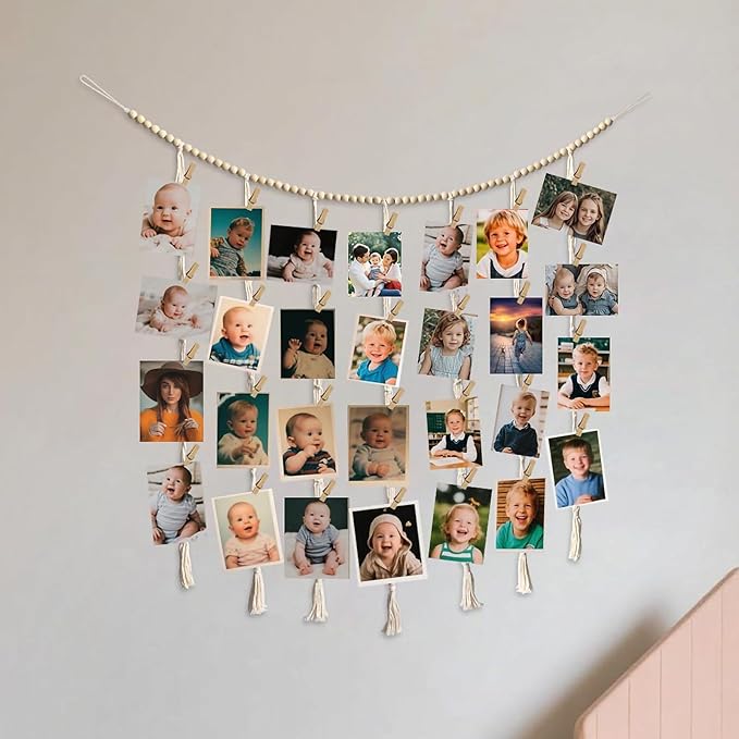 Hanging Photo Display Wall Decor, Macrame Wall Hanging Boho Room Bedroom Decor, Boho Wooden Beads Garland Collage Picture Card Frame Holder with 40 Clips for Bedroom Living Room Dorm, Tapestry