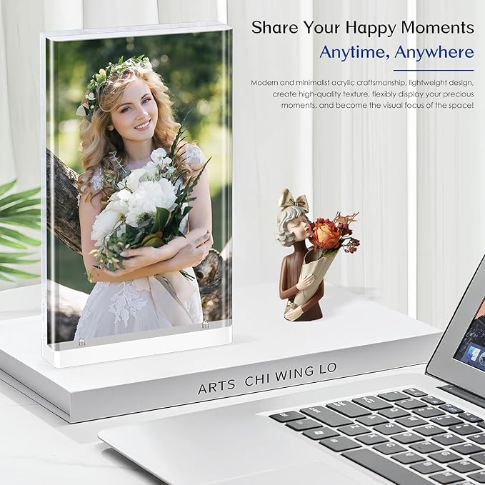 5x7 Acrylic Picture Frame, 4-Pack Magnetic Free-Standing Double-Sided Vertical Display, Clear Frameless Panels, Discreet White Base for Desk/Tabletop, Home & Office Decor