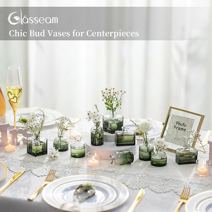 Glasseam Green Glass Bud Vase: Mini Small Vases for Centerpieces Cute Flower Vase Set of 5 Tiny Vases for Flowers Decorative Centerpiece Decor Table Wedding Party Dining Room Decoration