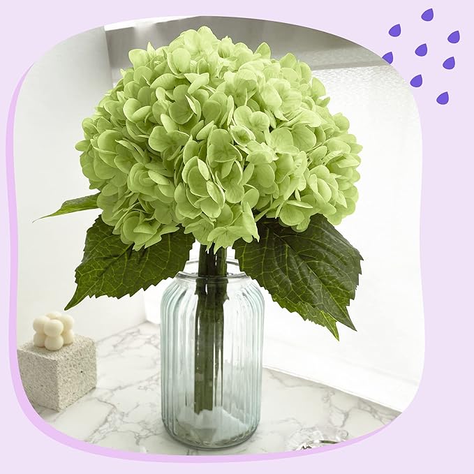 21In Bottle Green Artificial Hydrangea Flowers 5 Pcs Real Touch 3D Print Latex Flowers for Wedding Centerpieces Bouquets DIY Floral Decor Home Decoration with Stems