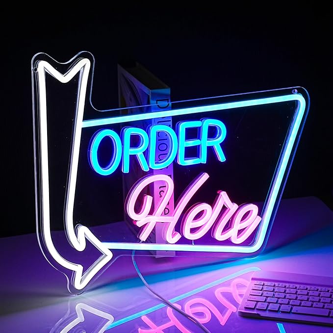 Order Here Neon Sign Led letters Sign Dimmable Order Neon Light for Wall Decor Larger Order Here Light Up Sign for Restaurant Shop Bar Business Neon Decor(16.1 * 12.6 In)
