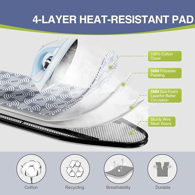 APEXCHASER Ironing Board, Full Szie Iron Board with Iron Rest,Height Adjustable,Extra Thick Heat Resistant Cover with Sleeve Board 15x45 Blue