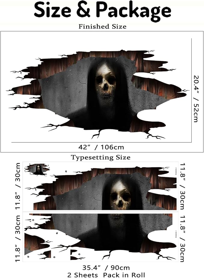 3D Halloween Wall Decals Scary Skeleton Halloween Wall Stickers, Spooky Long Hair Zombie Floor Decor Posters Decals Decorations for Living Room Bedroom Party Supplies