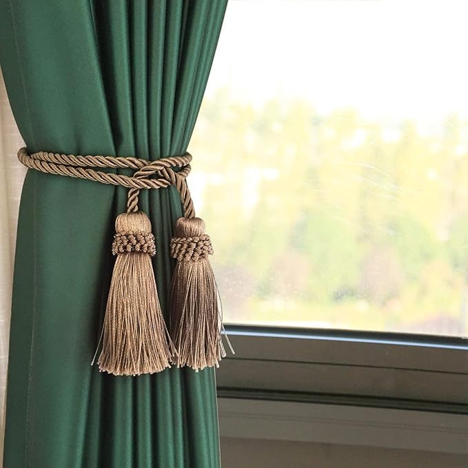 Fenghuangwu Curtain Tiebacks Handmade Decorative Curtain Holdbacks Rope with Tassel (flaxen, 6P)
