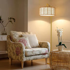 Oneach 62.5'' Arc Floor Lamp for Living Room, Rattan Boho Floor Lamp with Gold Metal Base, Double Shades, Farmhouse Rustic Modern Standing Lamp for Bedroom Office Corner