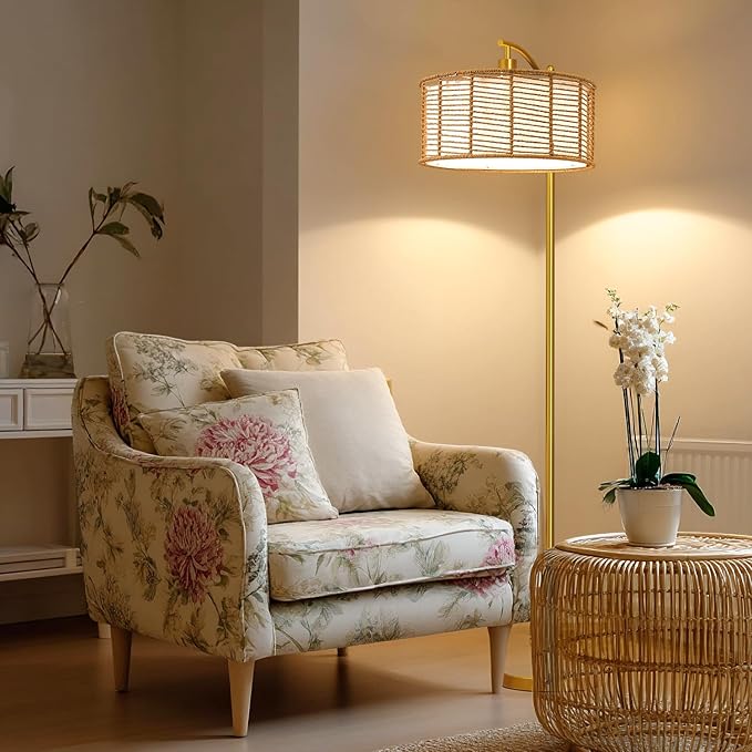 Oneach 62.5'' Arc Floor Lamp for Living Room, Rattan Boho Floor Lamp with Gold Metal Base, Double Shades, Farmhouse Rustic Modern Standing Lamp for Bedroom Office Corner