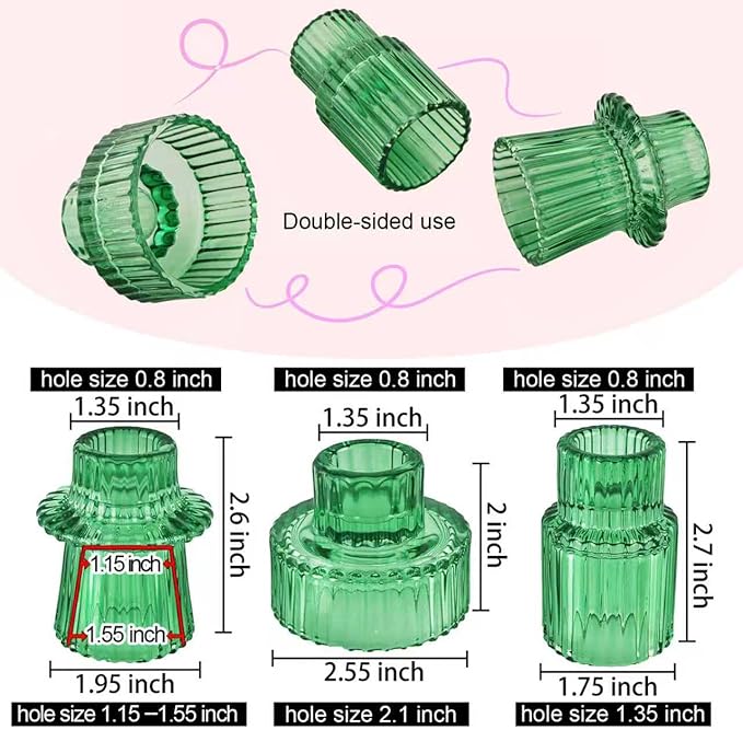 Double Sided Vintage Ribbed Taper Glass Candle Holders,Tea Candle Holder for Table Centerpieces, Wedding Decorations and Dinner Parties (Green, 3 PCS)