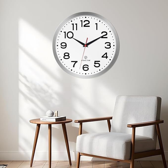 Atomic Wall Clock 14 Inch, Modern Clock Battery Operated Classic Analog Decorative for Kitchen, Living Room, Office, Bedroom, Bathroom (Silver)
