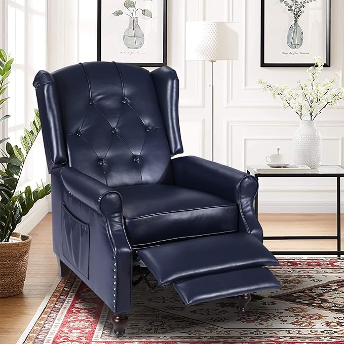 Wingback Recliner Chair with Massage and Heat, Tufted PU Leather Push Back Recliner Chair for Living Room, Leather Wing Back Chair with Remote Control, Padded Cushion, Backrest, Wooden Legs